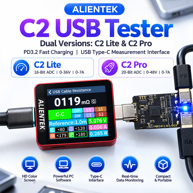 Power Supply Tester - ALIENTEK C2 カラー画面式テスター。240Wの高電流に対応し、リアルタイムで電圧、電流、電力、リップルを監視。急速充電プロトコルを検出。